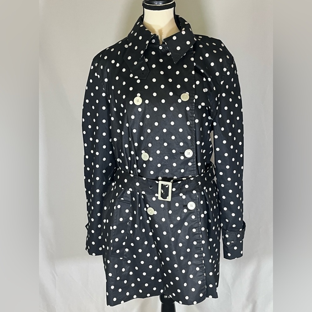 Chaps Black Trench Coat with White Polka Dots